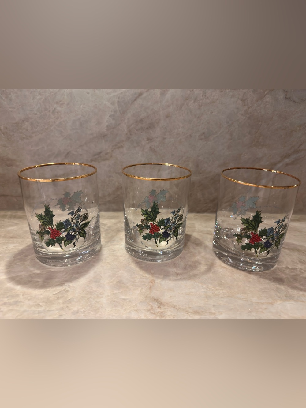 Portmeirion Christmas Cups Set of 3 Holiday Drinking Tumblers Gold Rim